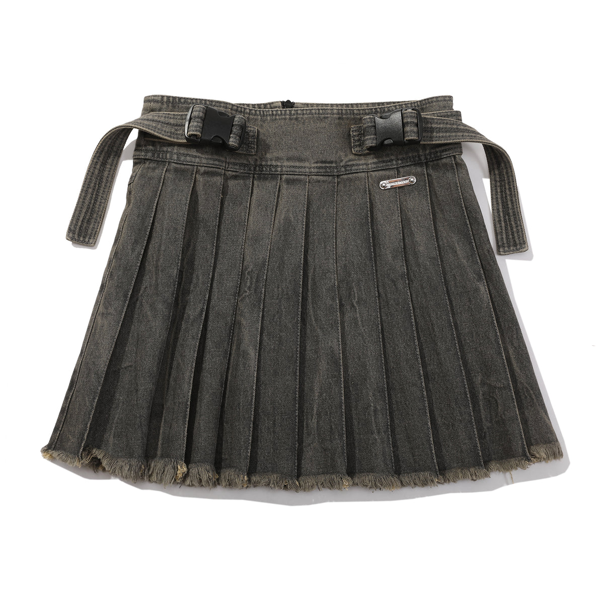 ROMANTIC CROWN★Women★ BUCKLE DENIM PLEATS SKIRT_2色 Flirty Duo High-Rise Buckle Pleated Denim Mini Skirt | Windsor
