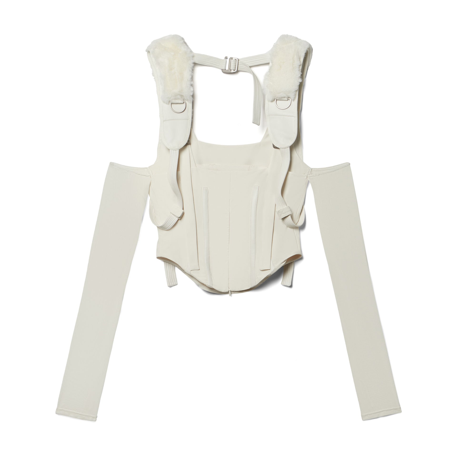 FAUX FUR HARNESS TOP WITH MESH SLEEVES - Ivory