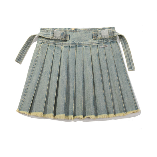 Buckle Straps Denim Pleated Skirt - Blue