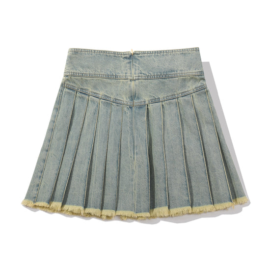 Buckle Straps Denim Pleated Skirt - Blue