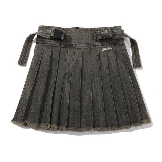Buckle Straps Denim Pleated Skirt - Black