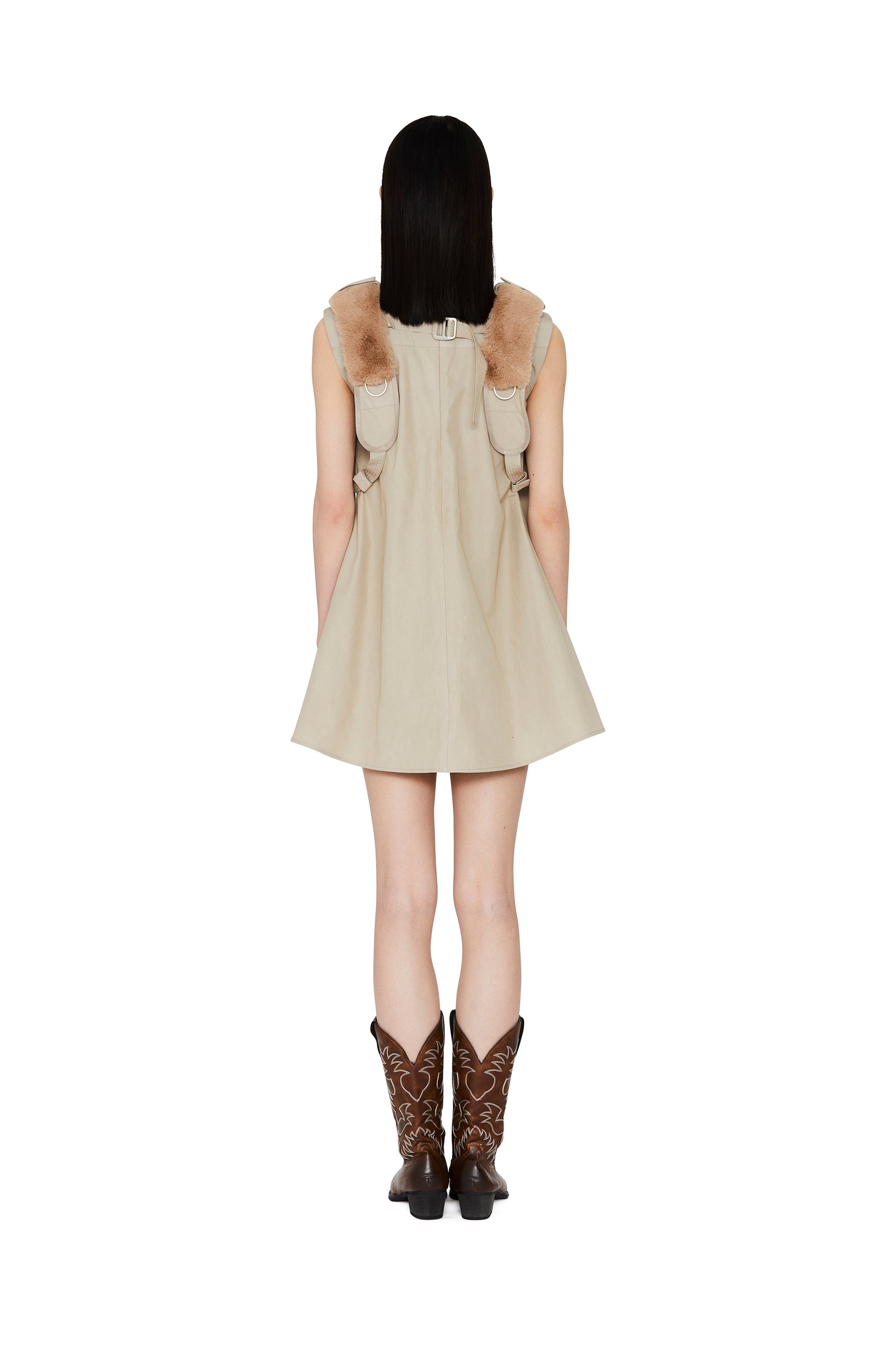 BABYDOLL DRESS WITH FAUX FUR HARNESS - BROWN