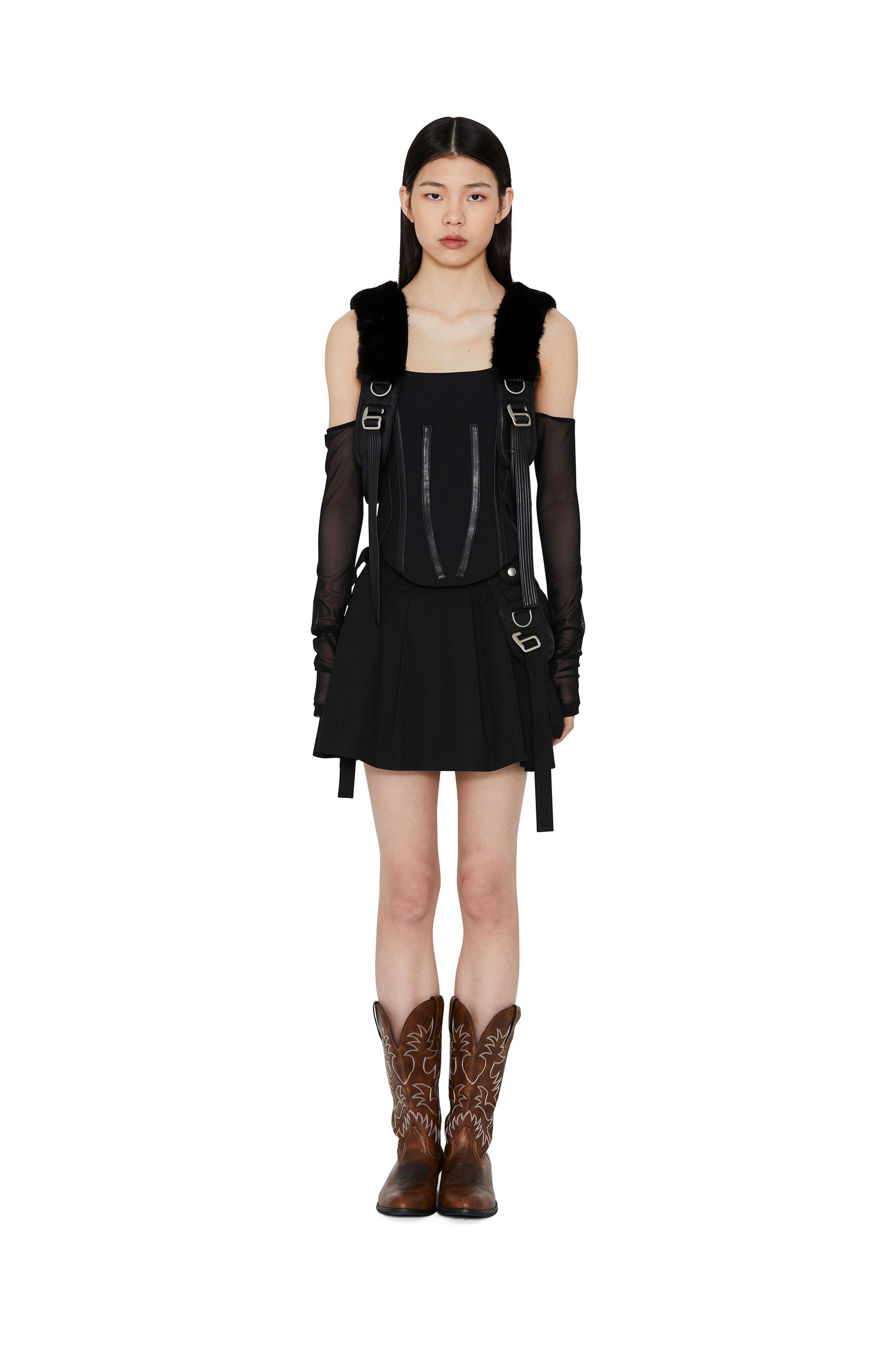 FAUX FUR HARNESS TOP WITH MESH SLEEVES - Black